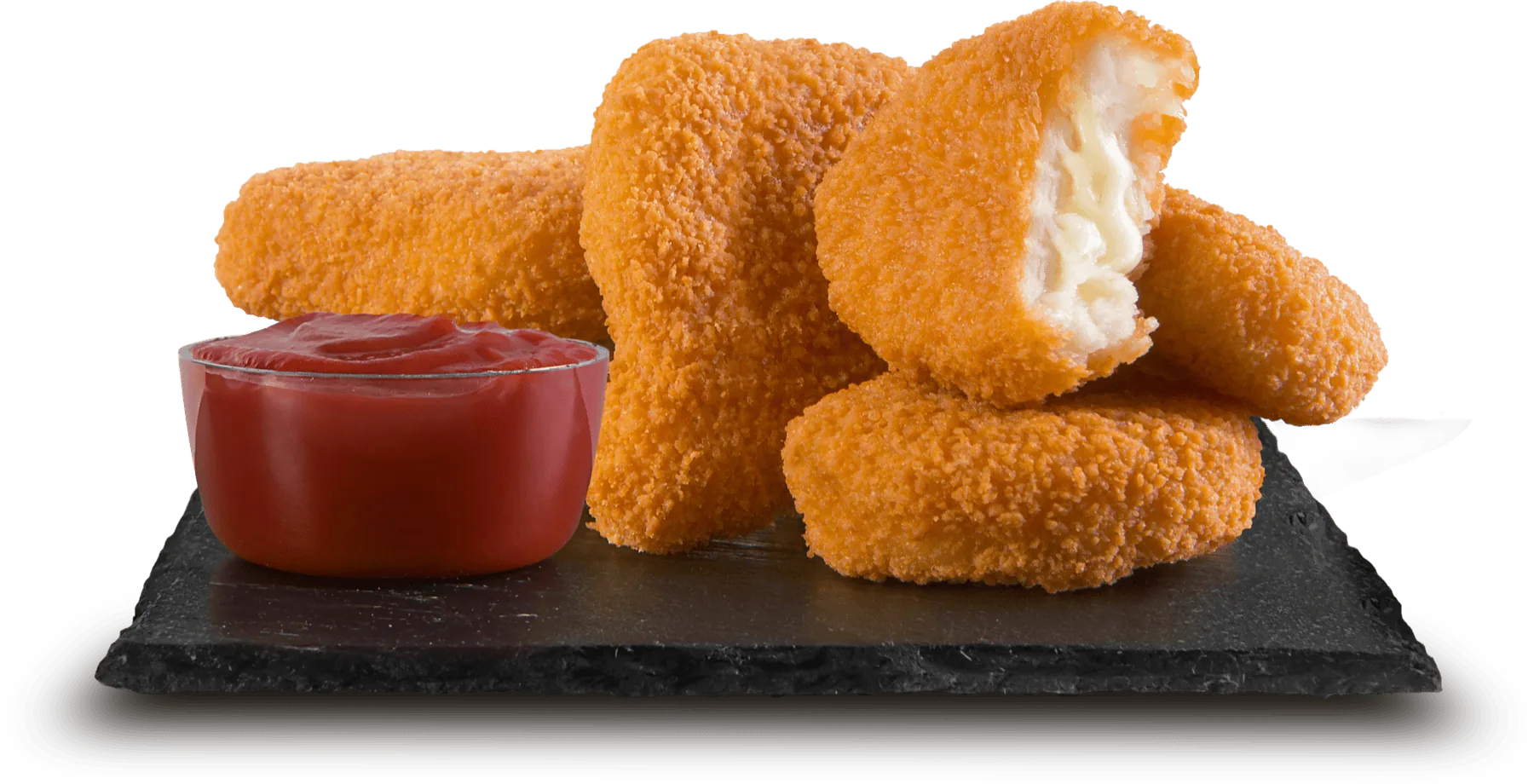 Chicken de frango com queijo empanado Baita, servido com ketchup